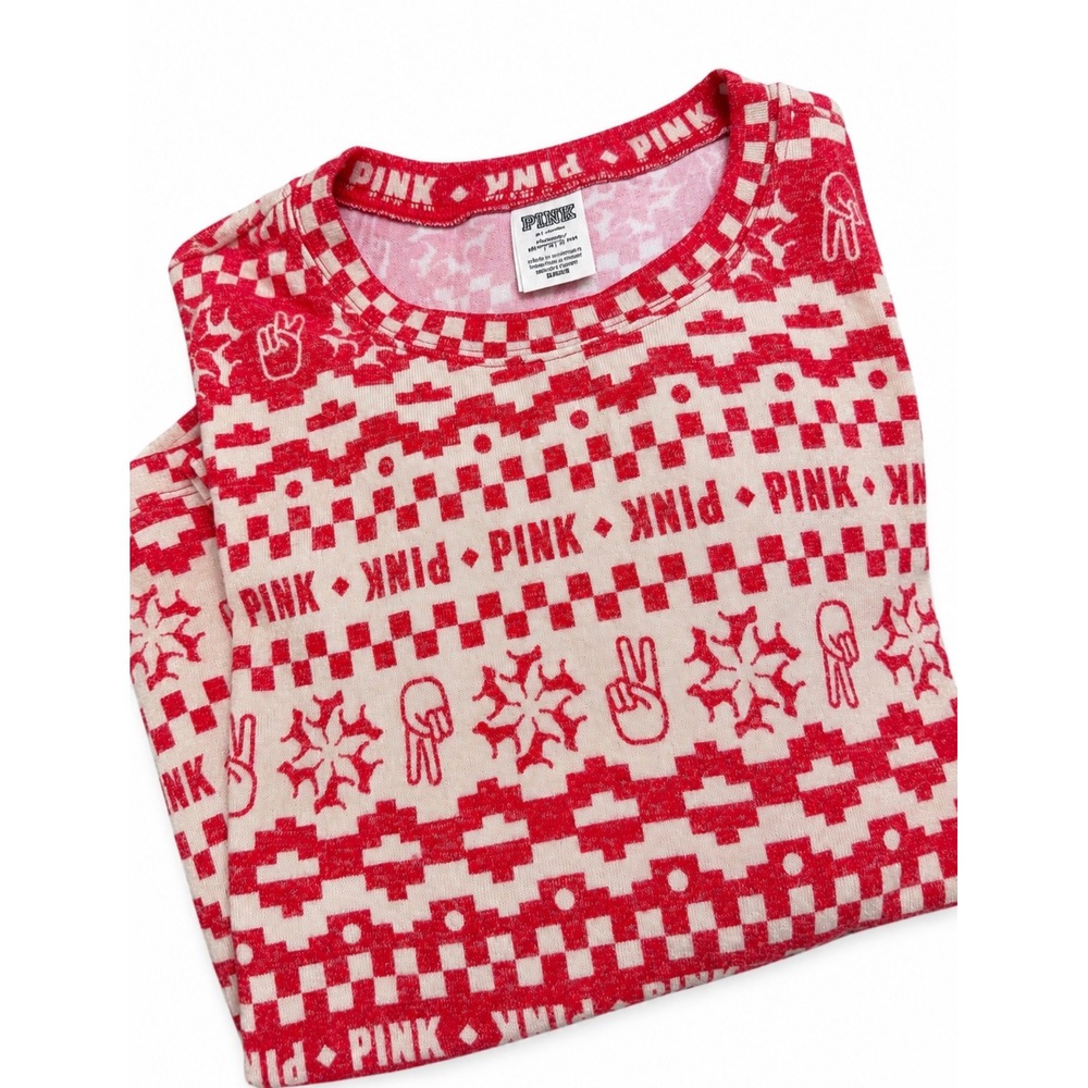 PINK Christmas  Top Womens Medium Red Fair Isle Peace Sign Long Sleeve Excellent